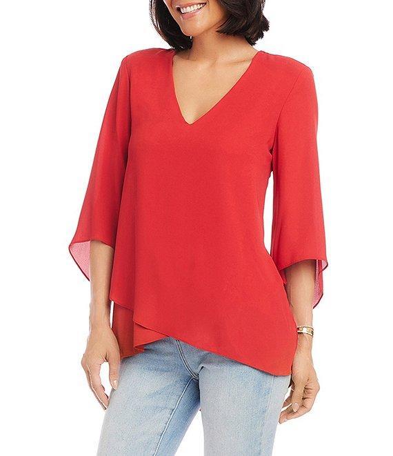 Karen Kane Silky Crepe V-Neck 3/4 Flutter Sleeve Asymmetric Crossover Hem Top Product Image