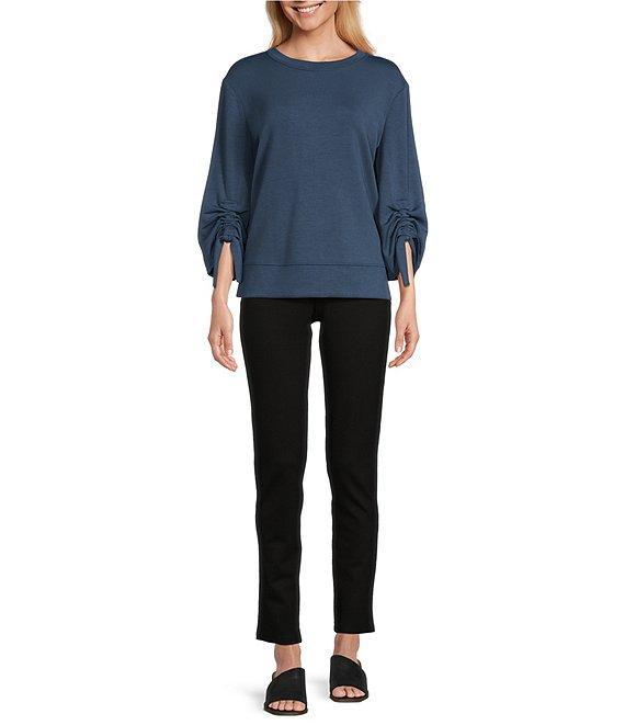 Westbound Petite Size Printed Ruched Sleeve Crew Neck Top Product Image