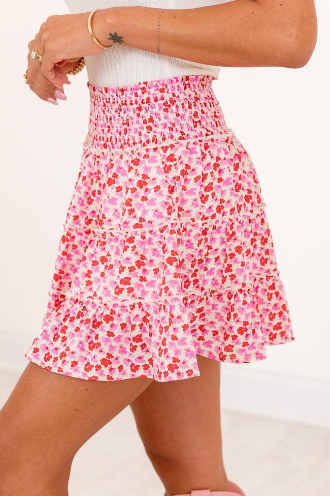 Through The Garden Ivory Pink And Red Floral Mini Skort SALE Product Image