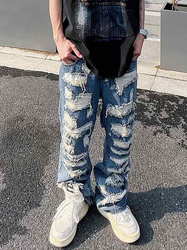 Men's Washed Ripped Flare Loose Jeans Product Image