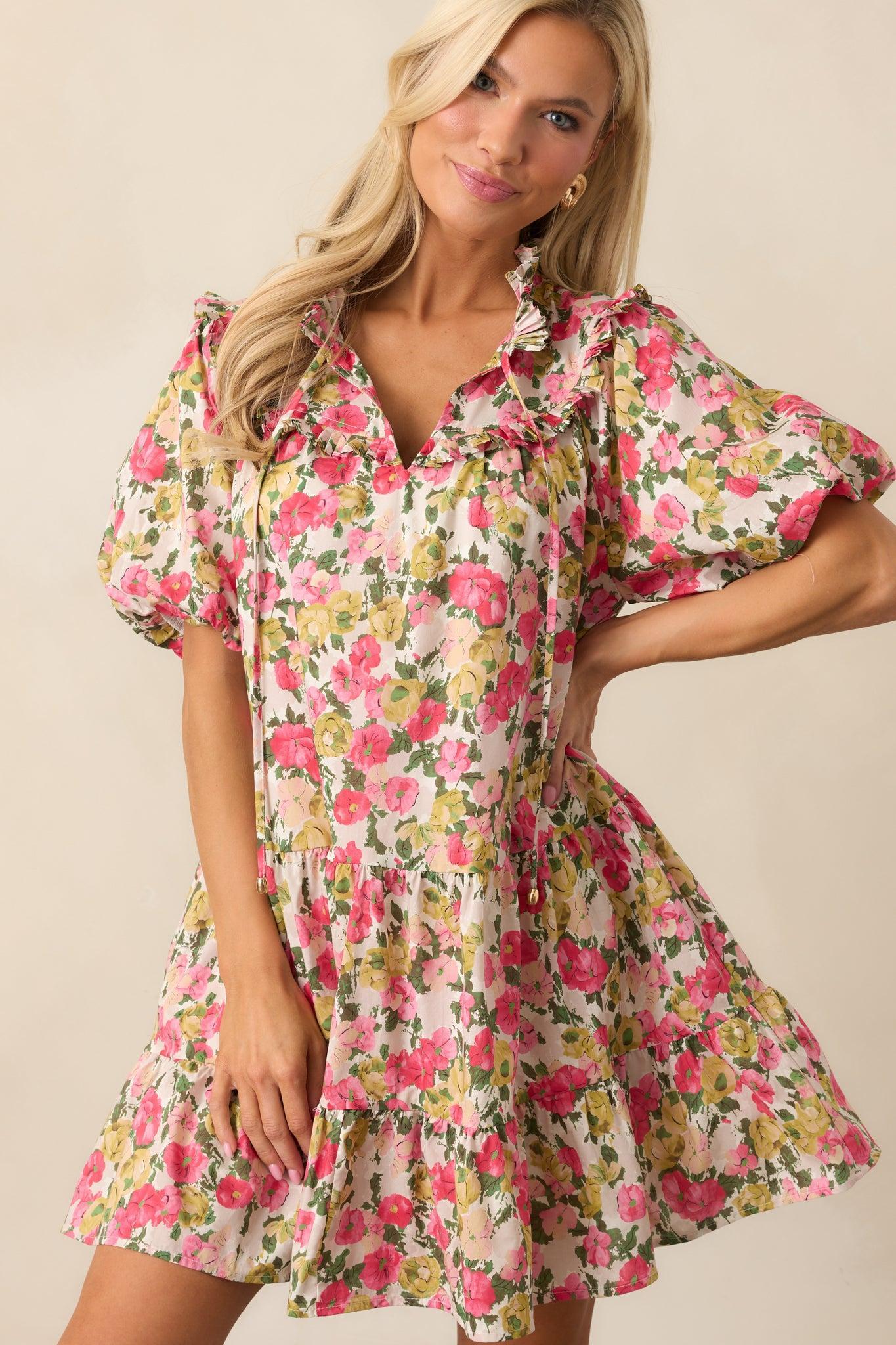 Botanical Garden Date Cotton Pink Puff Sleeve Mini Dress Product Image