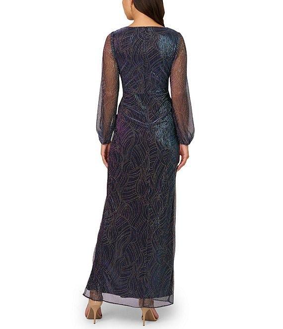 Adrianna Papell Mesh Metallic Sheath Surplice Neckline Long Mesh Sleeves Metallic Gown Product Image
