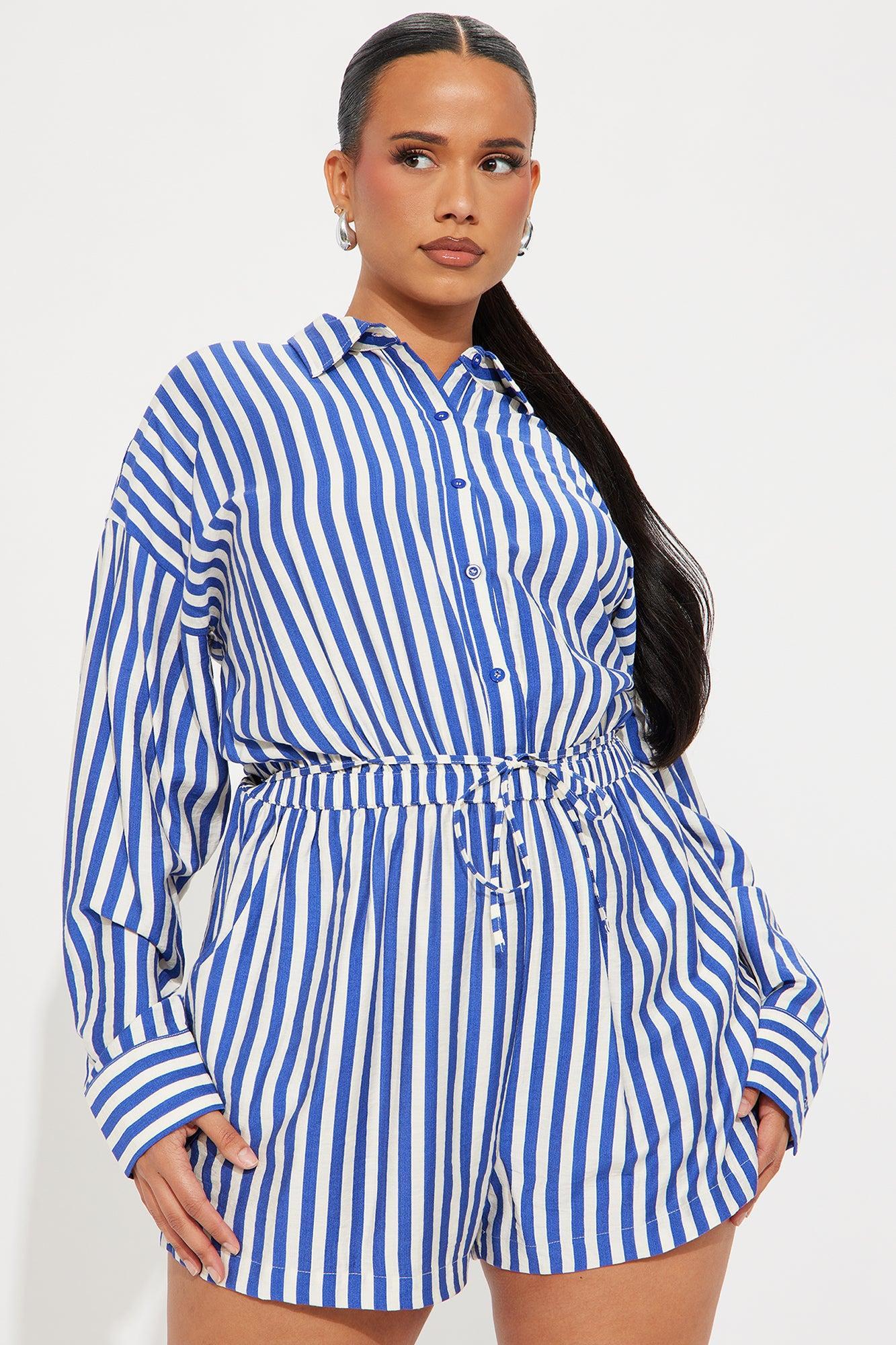 Callie Striped Romper - White/Blue Product Image