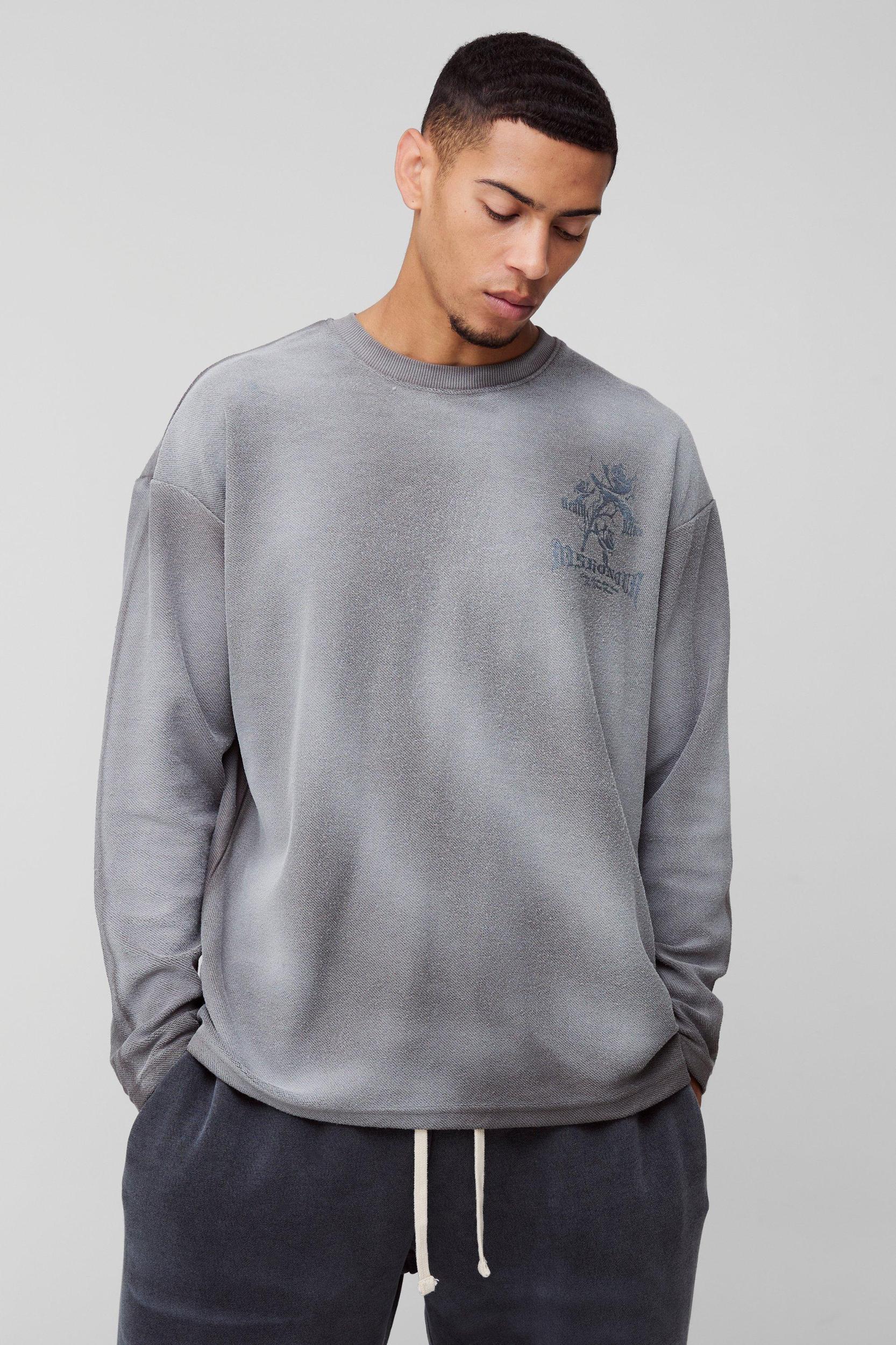 Oversized Distressed Reverse Loopback Gothic Print Long Sleeve Spray Wash T-Shirt | boohooMAN USA Product Image