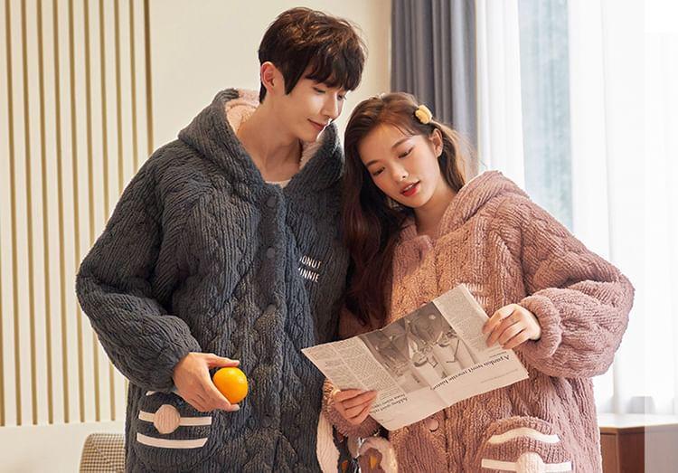 Couple Matching Pajama Set: Cartoon Patterned Hood Coral Fleece Button Jacket + Straight Leg Pants Product Image