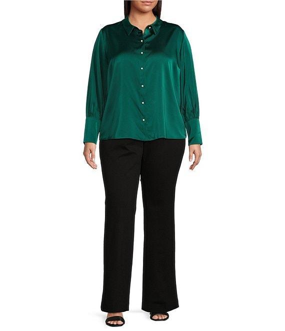 CeCe Plus Size Satin Point Collar Long Sleeve Tall Cuff Pearl Button Front Blouse Product Image