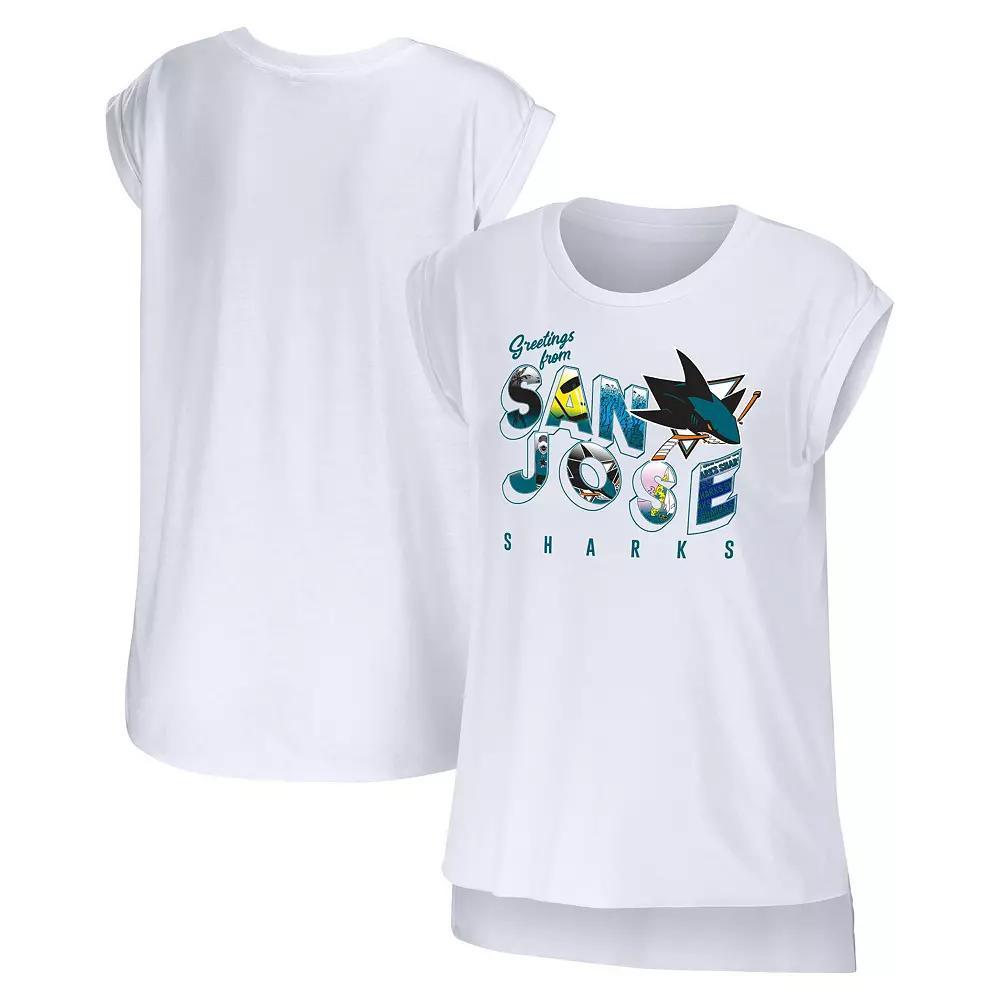 Women's WEAR by Erin Andrews White San Jose Sharks Greetings From Muscle T-Shirt,  Product Image