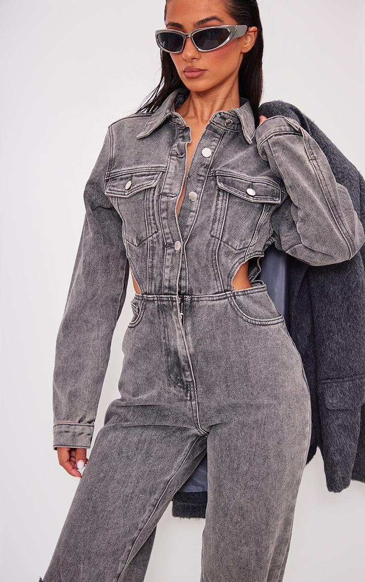 Petite Washed Grey Denim Cut Out Jumpsuit Product Image