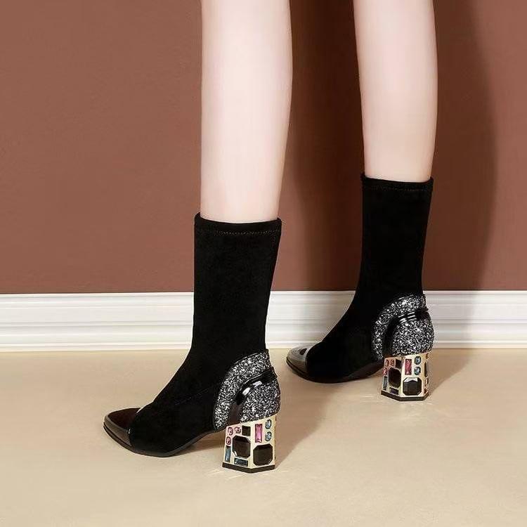 Chunky Heel Pointed Toe Sequin Panel Short Boots Product Image