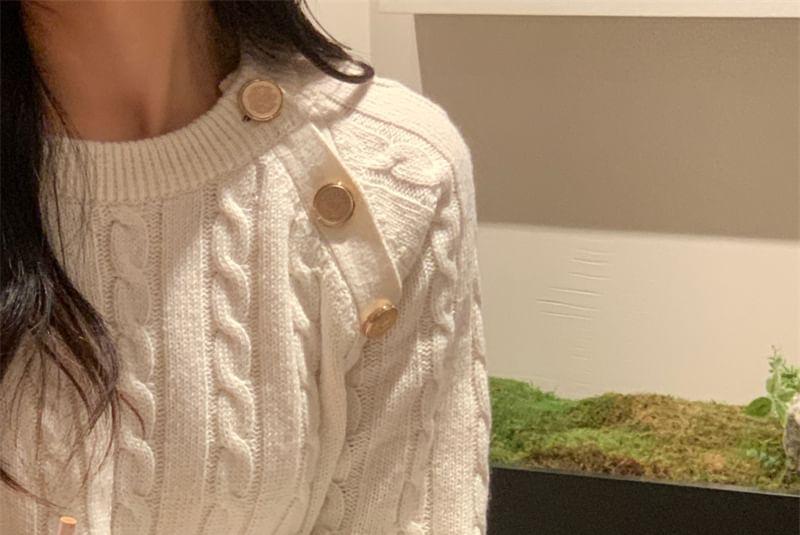 Round Neck Plain Cable Knitted Sweater Product Image