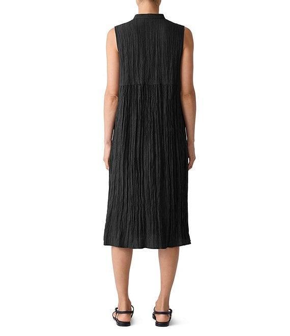 Eileen Fisher Textured Silk Mandarin Collar Sleeveless Button Front Midi Dress Product Image