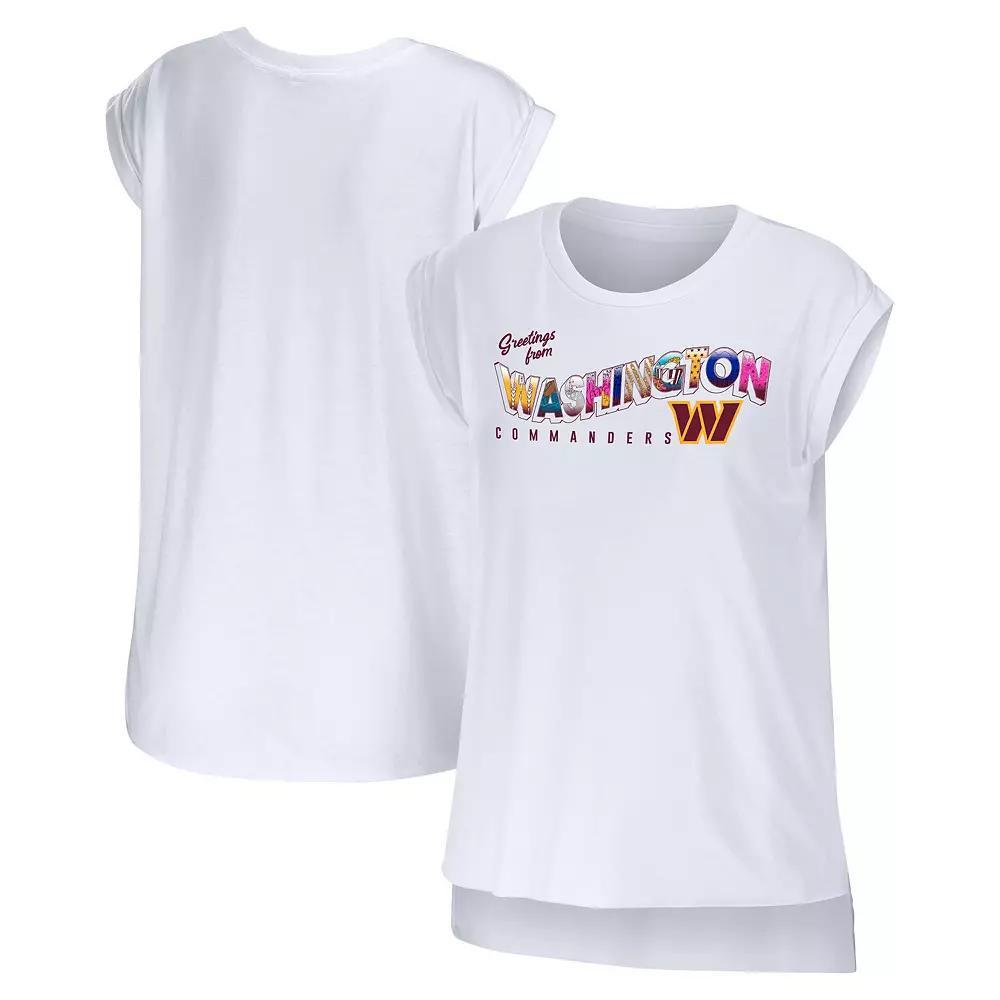 Women's WEAR by Erin Andrews White Washington Commanders Greetings From Muscle T-Shirt, Size: Medium, Wft White Product Image