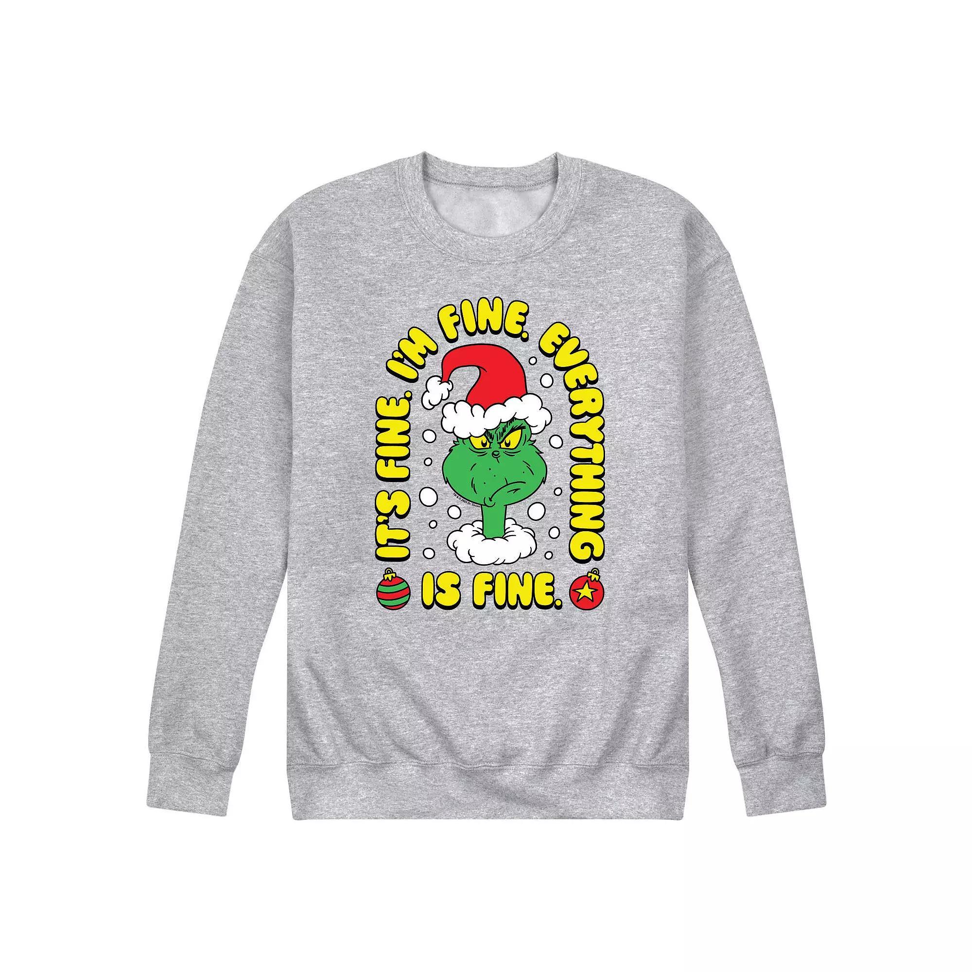 Men's Dr. Seuss The Grinch Everything Is Fine Fleece Sweatshirt, Size: Medium, Grey Gray Product Image