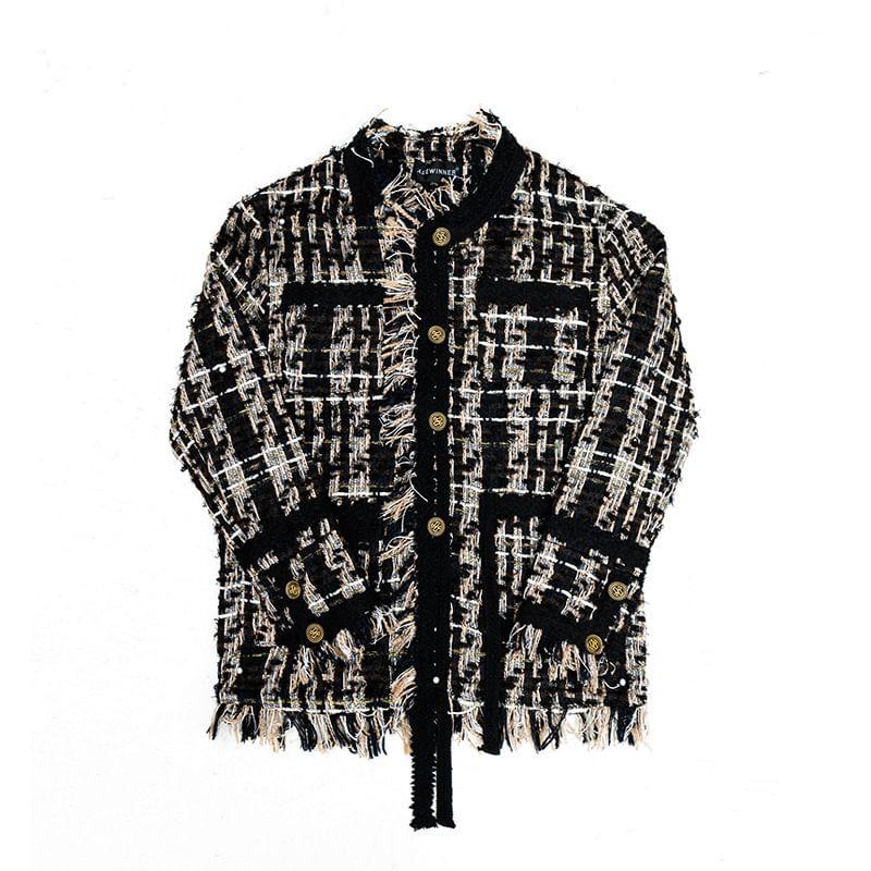 Stand Collar Fringe Tweed Button Jacket Product Image