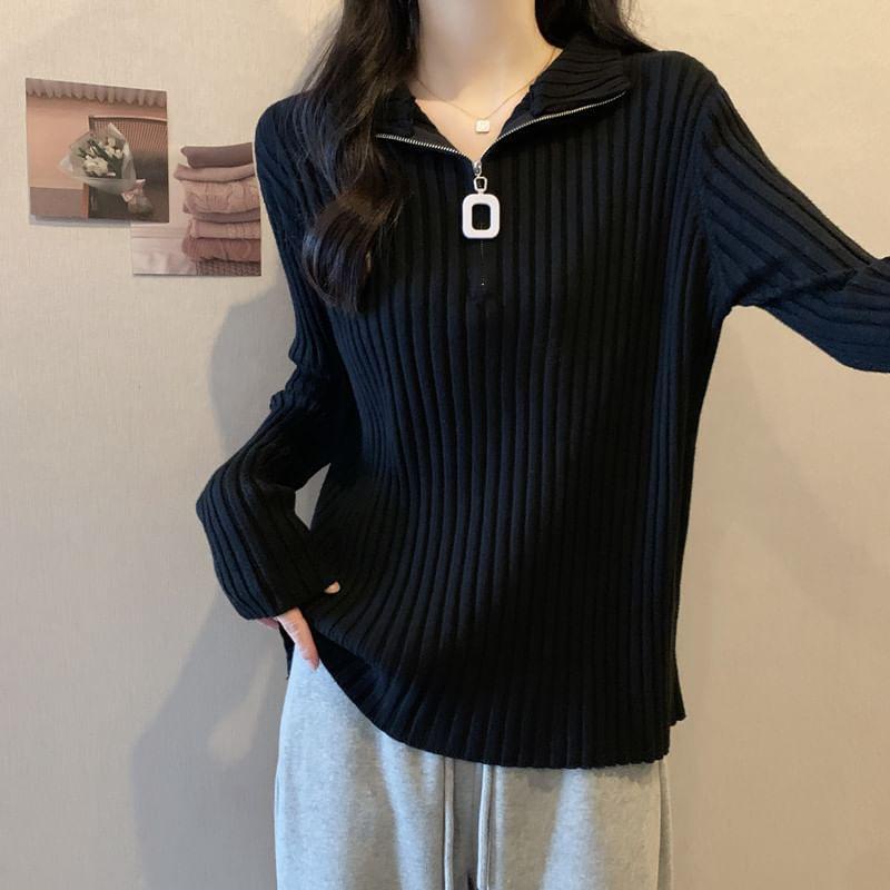 Long-Sleeve Collar Plain Half-Zip Ribbed Knit Top Product Image