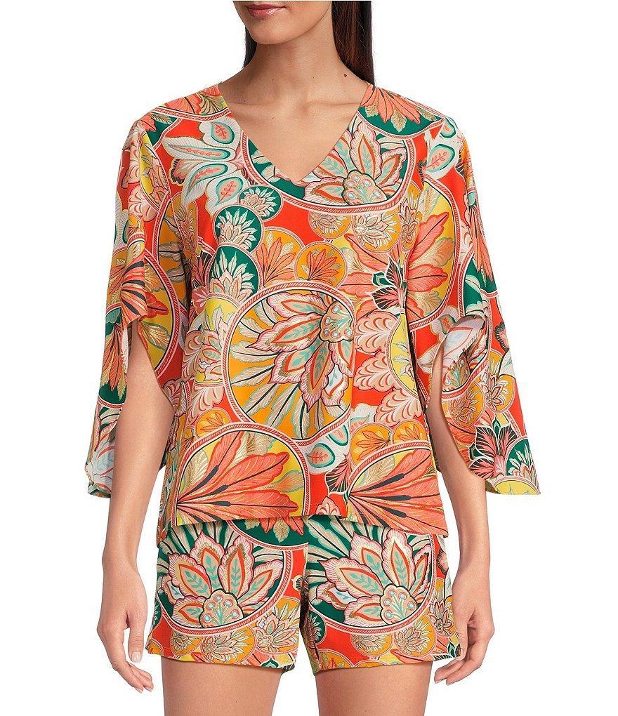 Jude Connally Daniella Stretch Knit Stained Glass Print 3/4 Flutter Sleeve V-Neck Cooridnating Top Product Image