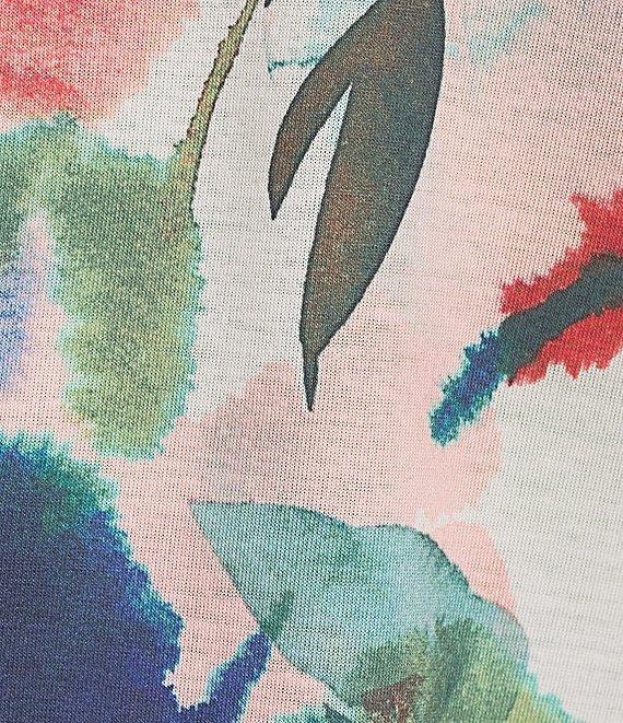 Allison Daley Petite Size Embellished True Navy Inky Floral Print 3/4 Sleeve Crew Neck Knit Top Product Image