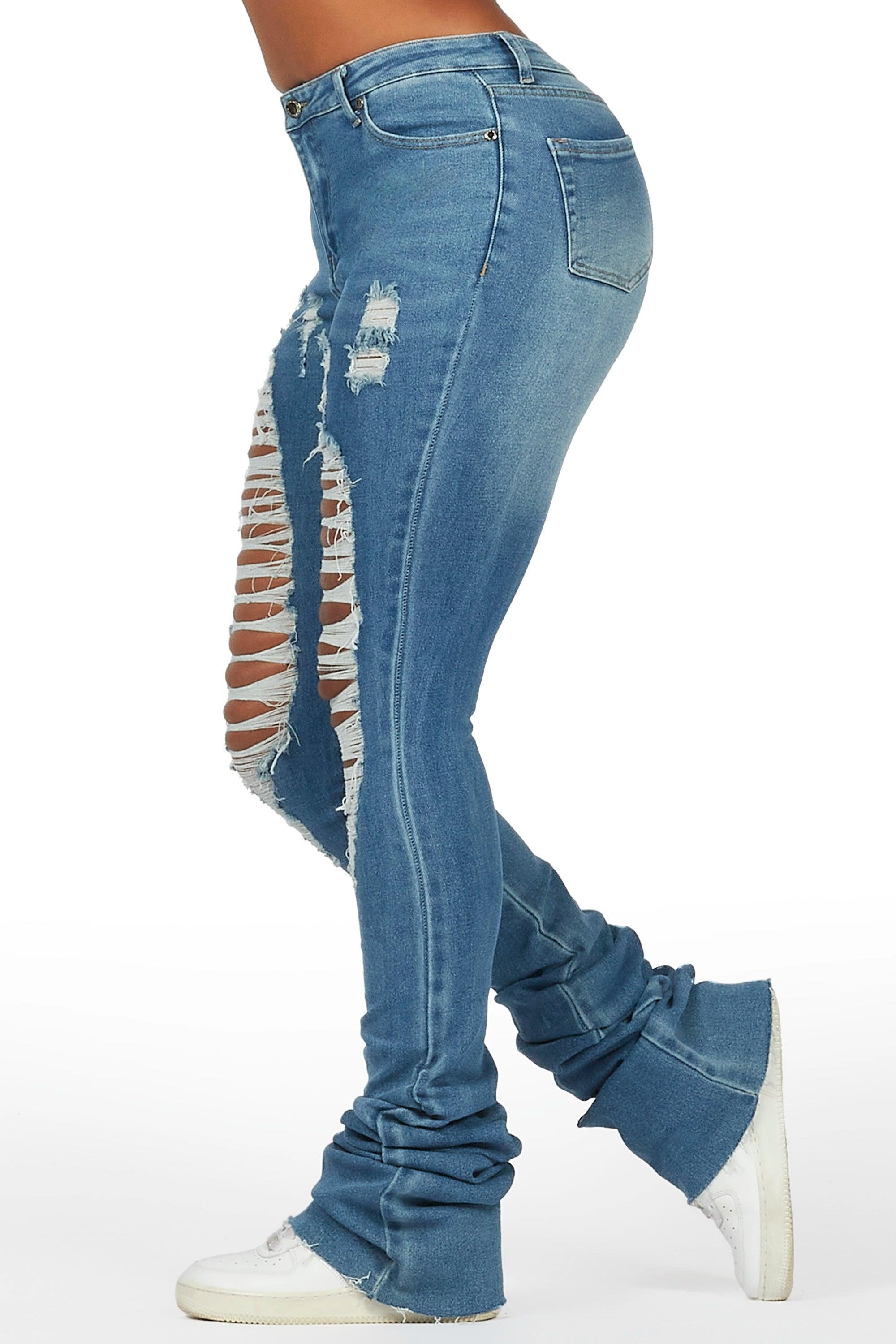 Yours Truly Med. Wash Distressed Super Stacked Jean Female Product Image