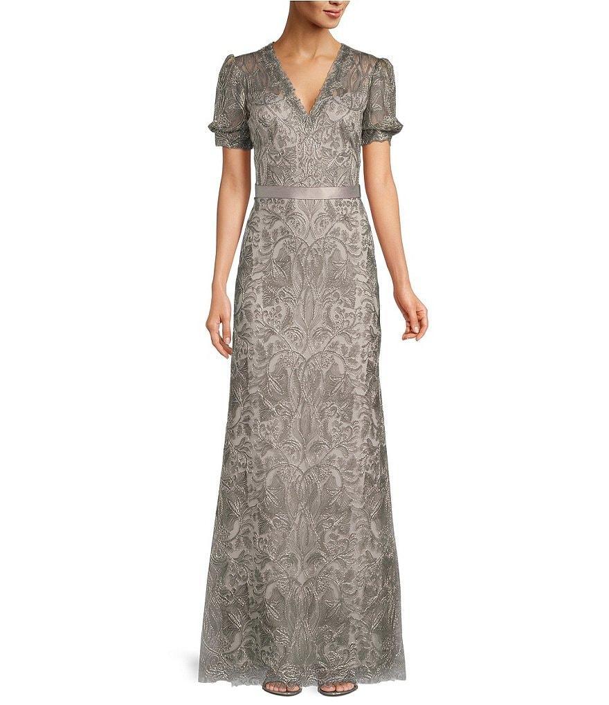 Tadashi Shoji Sheer Puffed Short Sleeve Lace Gown Product Image