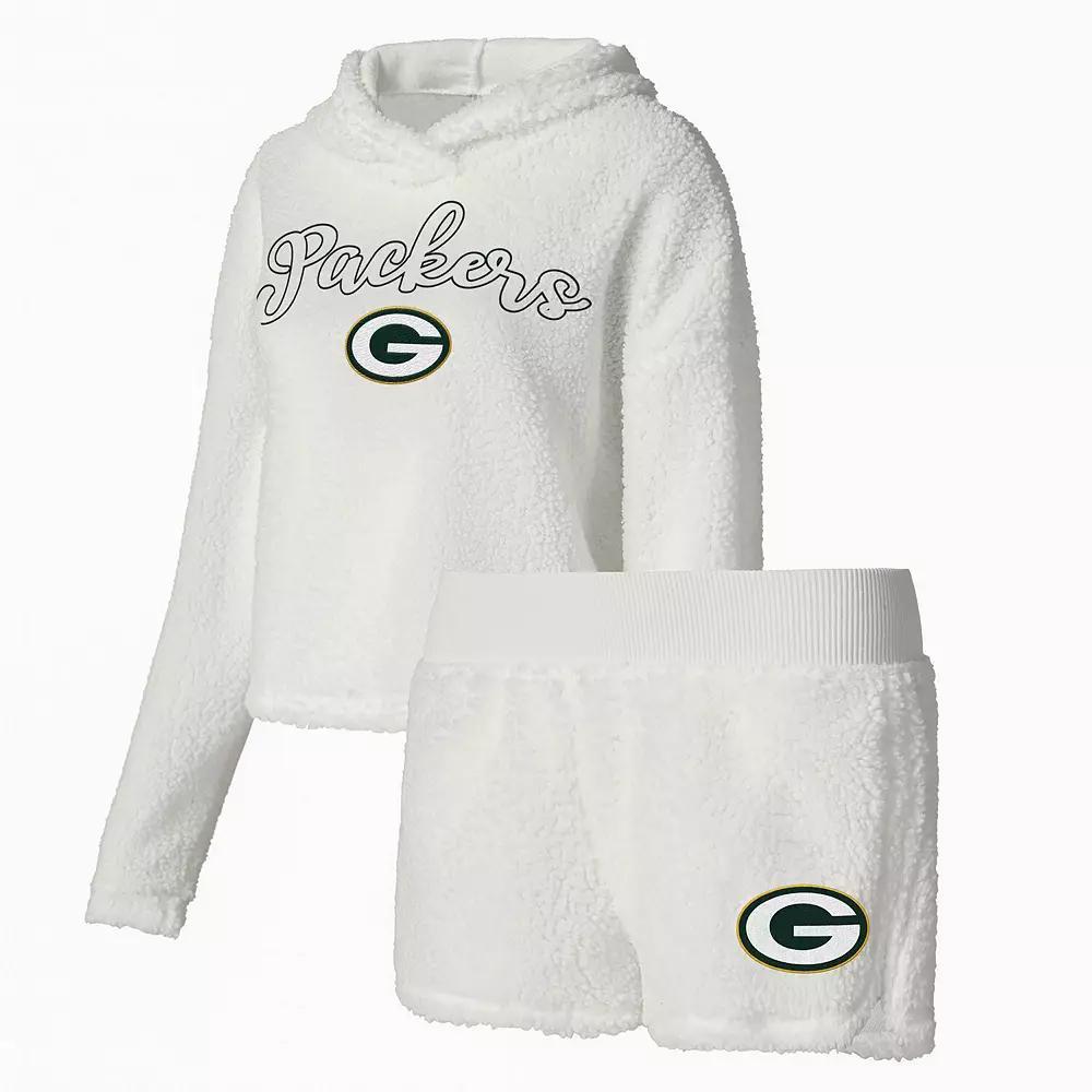 Women's Concepts Sport White Green Bay Packers Fluffy Pullover Sweatshirt & Shorts Sleep Set,  Product Image