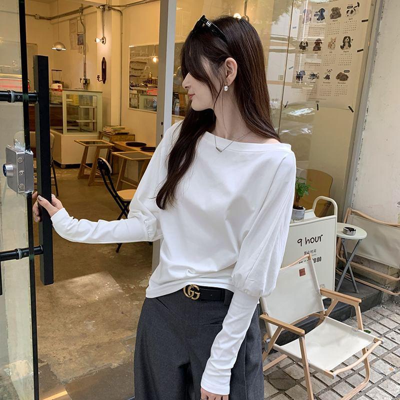 Long Sleeve Off Shoulder Plain T-Shirt Product Image