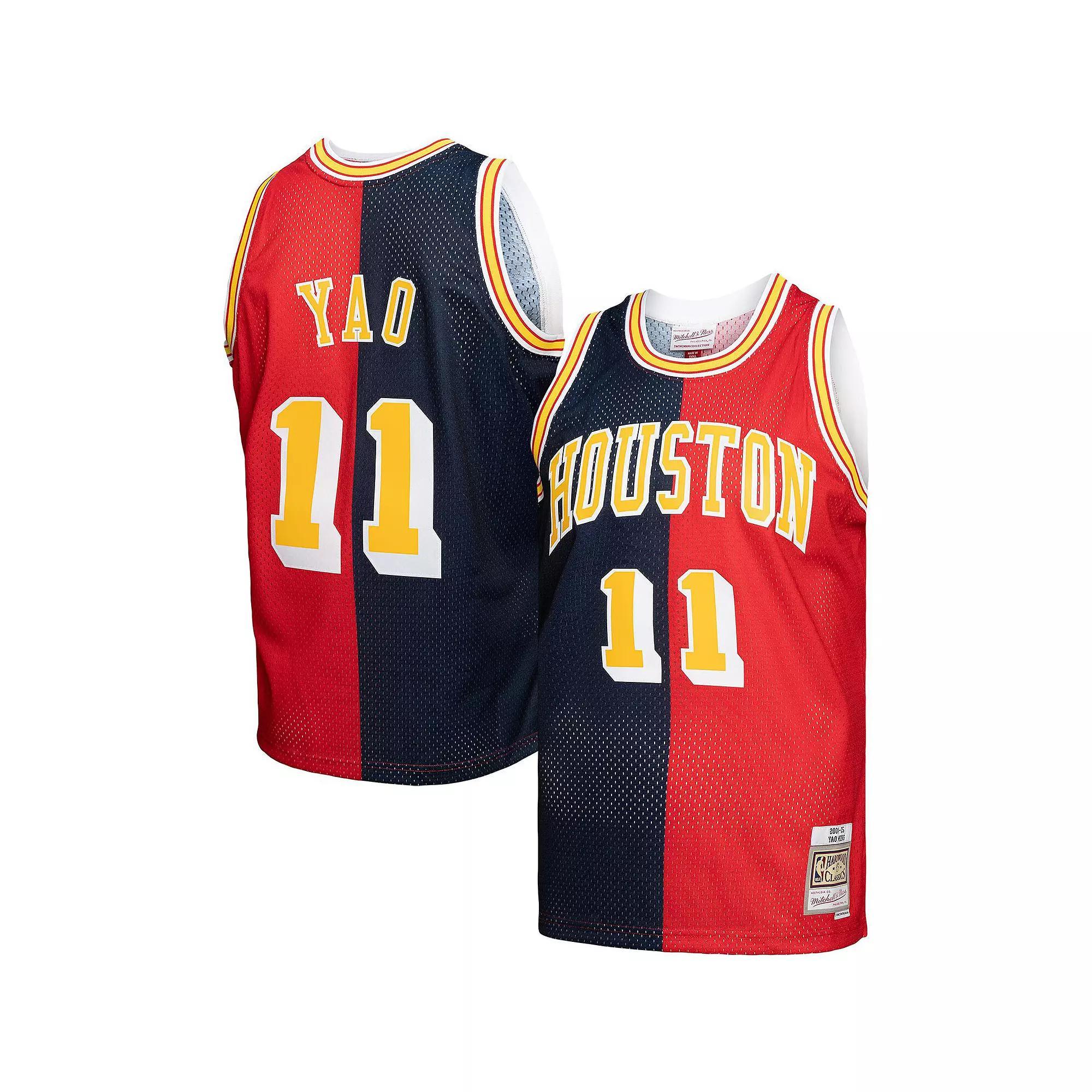 Men's Mitchell & Ness Yao Ming Navy/Red Houston Rockets Hardwood Classics 2004-05 Split Swingman Jersey, Size: XL, Blue Product Image