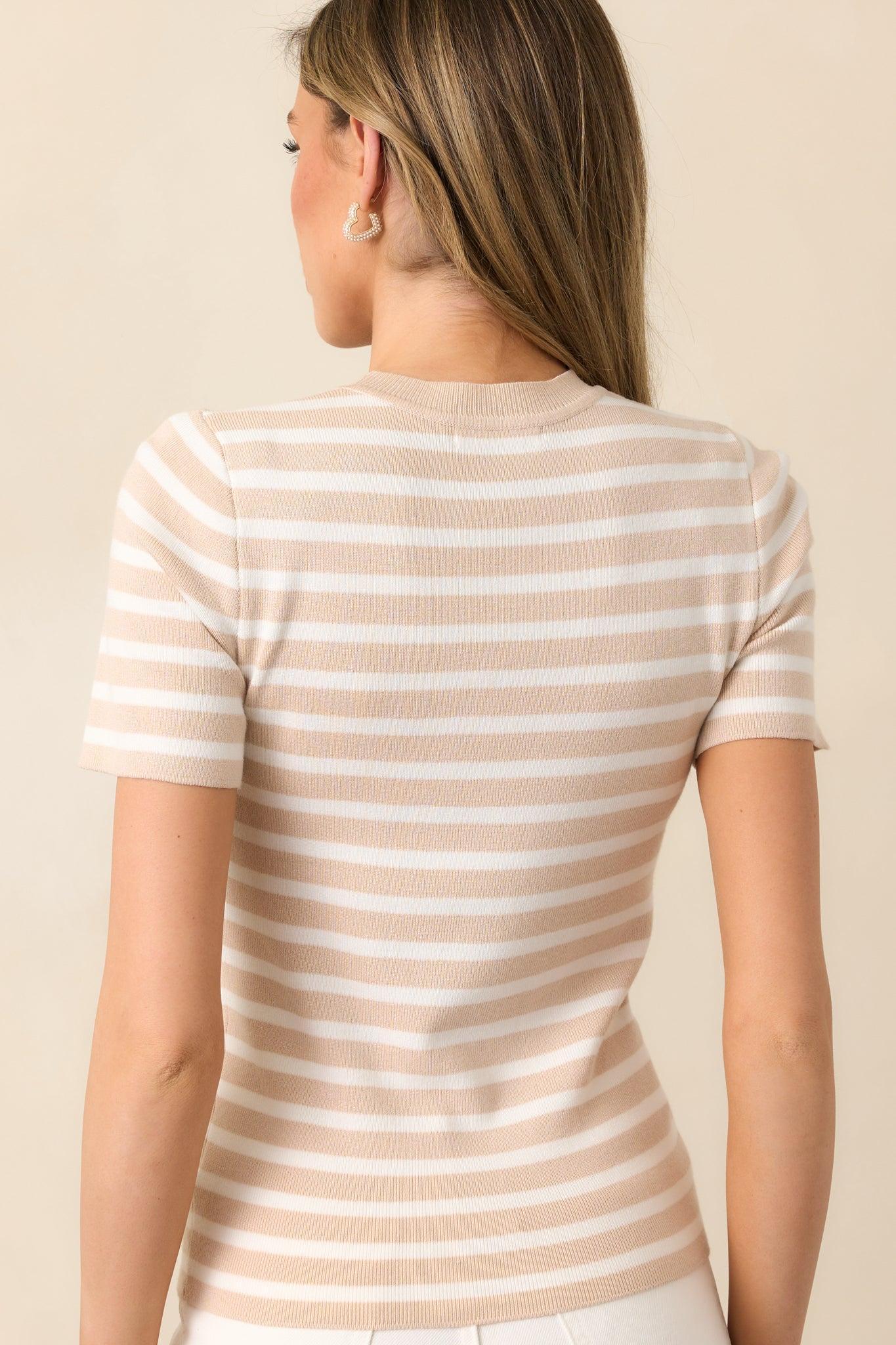 Let's Catch Up Beige Stripe Short Sleeve Top Product Image