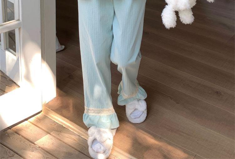 Pajama Set: Puff-Sleeve Lace Trim Ruffled Bow Shirt + Pants Product Image