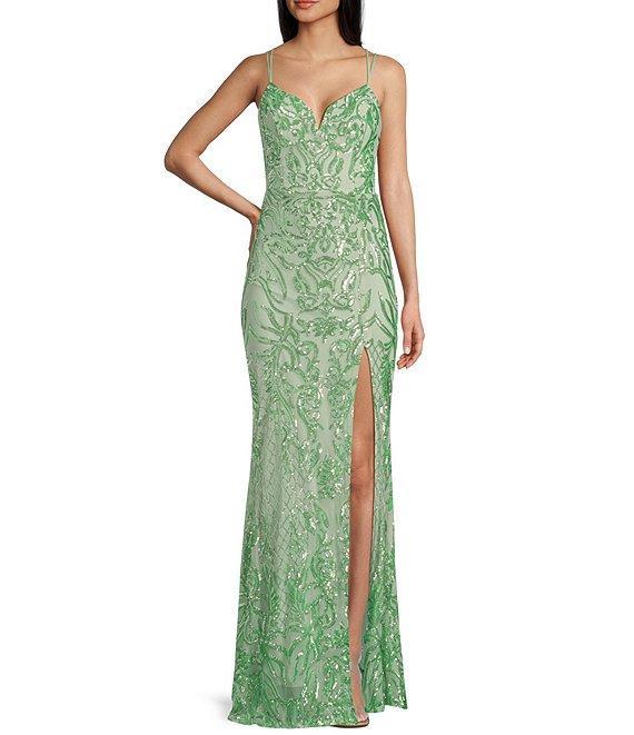 B. Darlin Sequin Mesh Pattern Double Spaghetti Strap V-Neck Lace-Up Back A-Line Dress Product Image