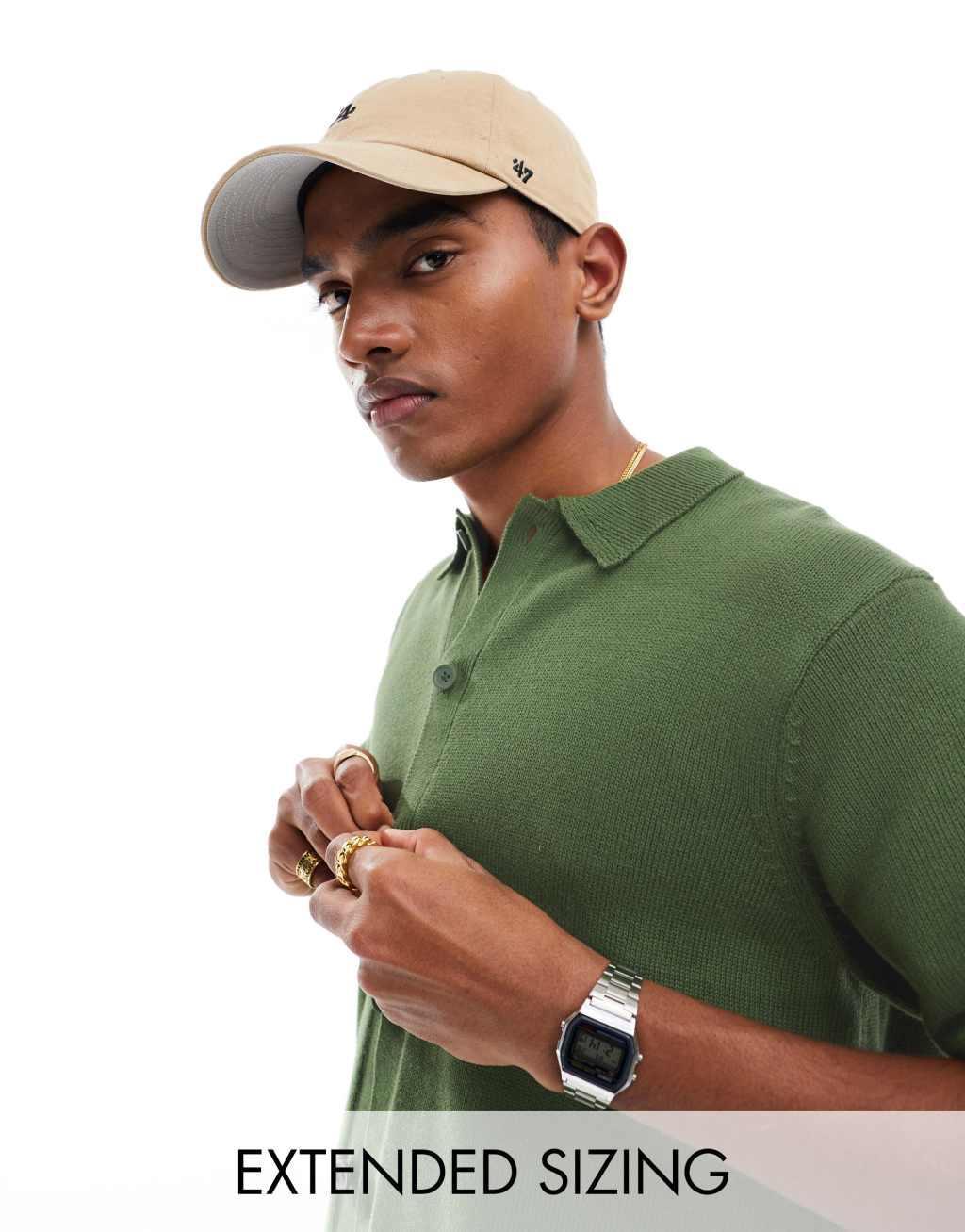 ASOS DESIGN midweight knitted cotton button through polo in stone Product Image