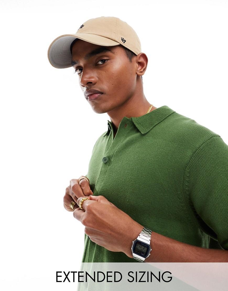 ASOS DESIGN midweight knitted cotton button through polo in stone Product Image