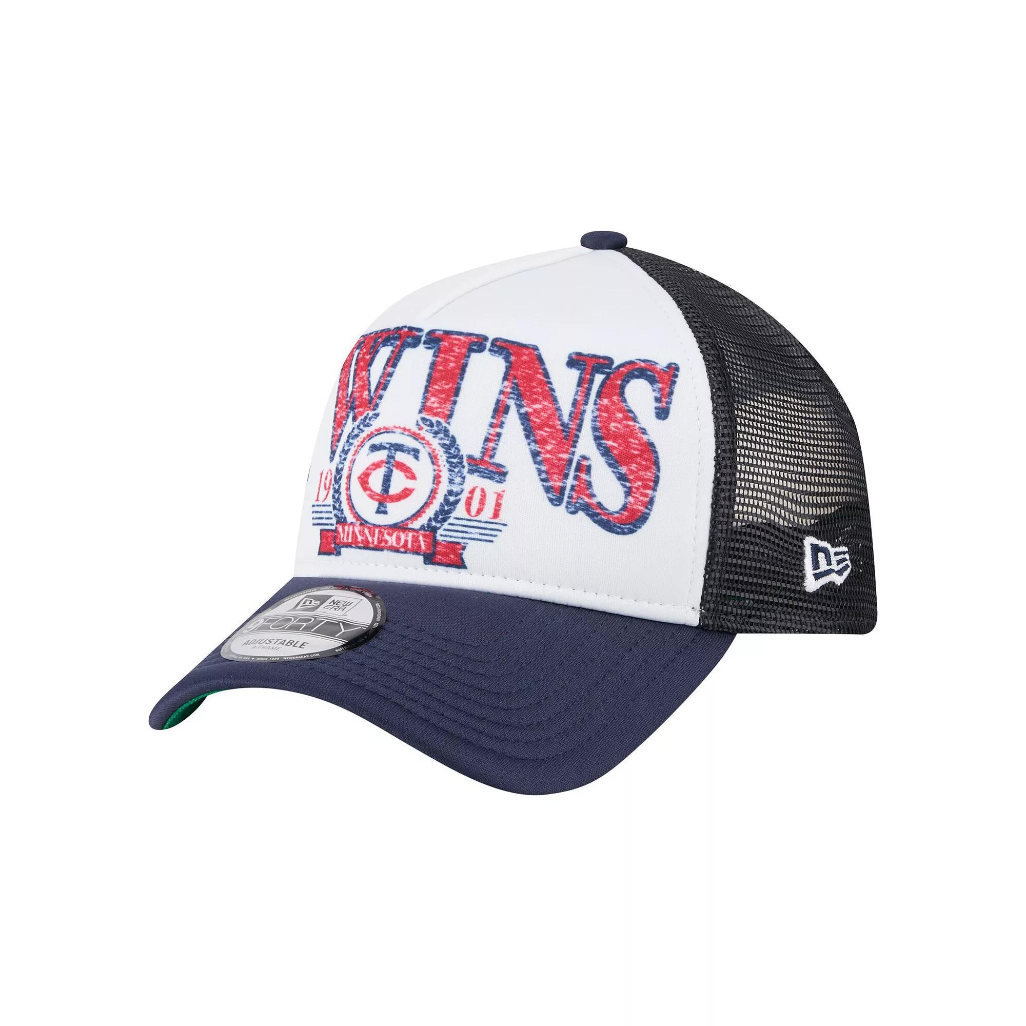 Men's New Era  Navy Minnesota Twins Distressed 9FORTY A-Frame Adjustable Trucker Hat, Blue Product Image