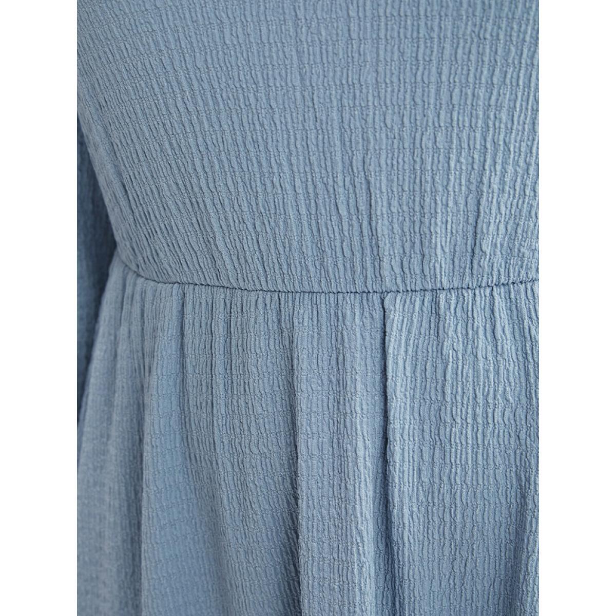 Plus Size Solid Textured Notched Pocket Lantern Sleeve Ruffle Hem Dress LightBlue Women Elegant Pocket V-neck Elbow-length sleeve Curvy Midi Dress BloomChic 22-24/3X Product Image