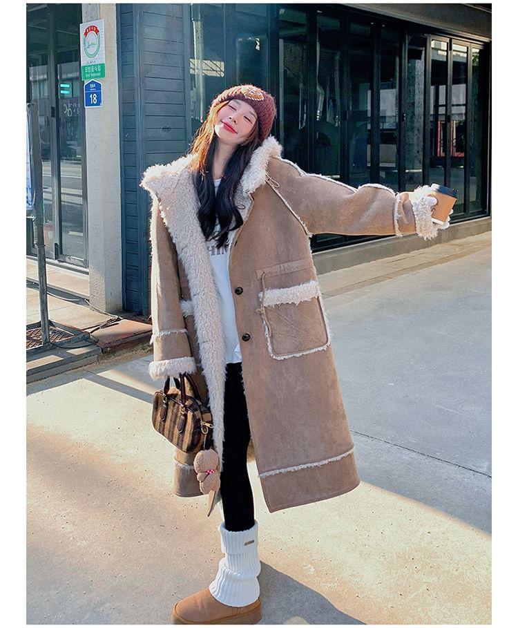 Fleece Trim Hooded Button-Up Long Coat Product Image