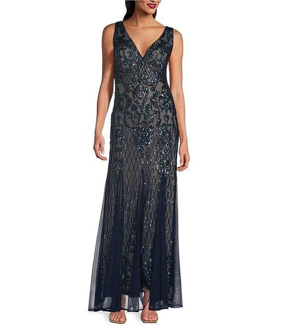 R & M Richards Sleeveless V-Neck Godet Skirt Embellished Long Sequin Gown Product Image