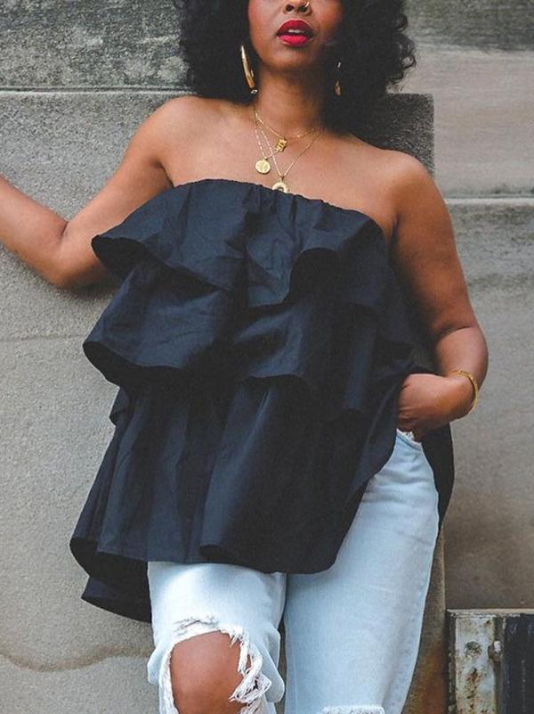 A-Line Loose Elasticity Layered Ruffled Solid Color Tube Vest Top Product Image