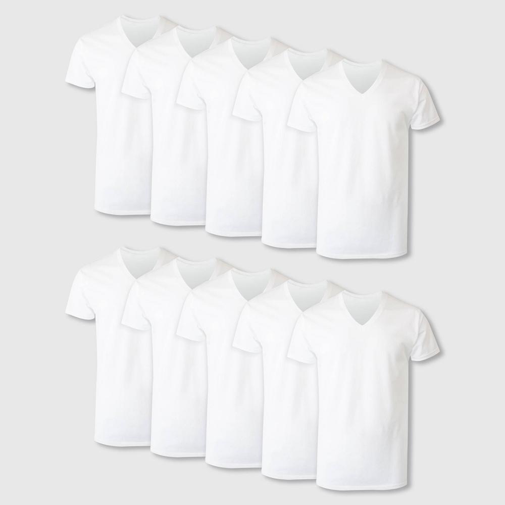 Hanes Mens White V-Neck Undershirt Super Value Pack, Moisture-Wicking Cotton, 10-Pack L Product Image