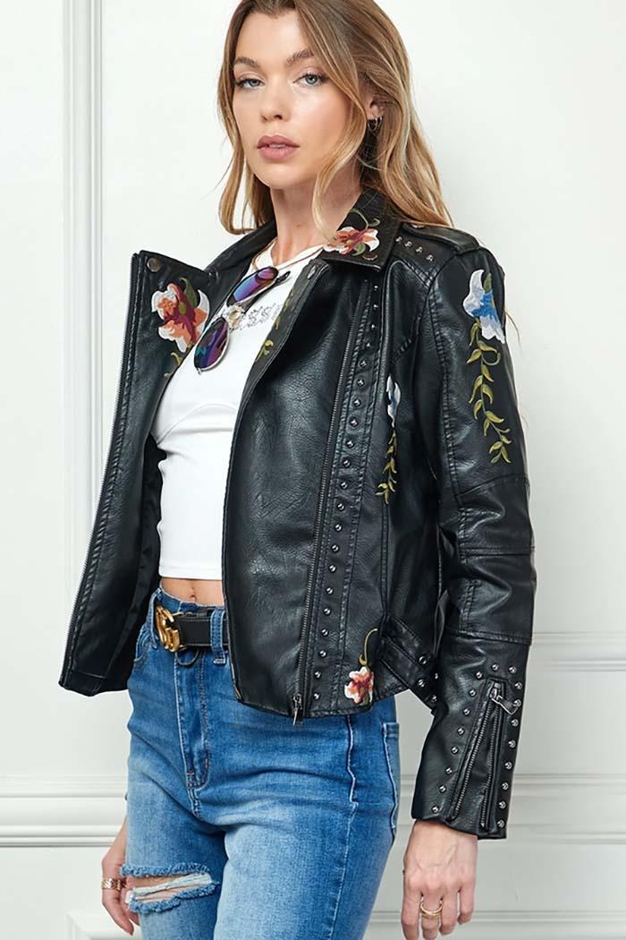 Floral Embroidery Leather Jacket Product Image