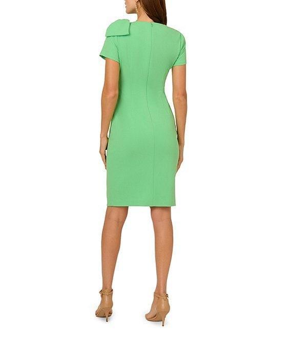 Adrianna Papell Crepe Crew Neck Short Sleeve Bow Shoulder Ruched Sheath Dress Product Image