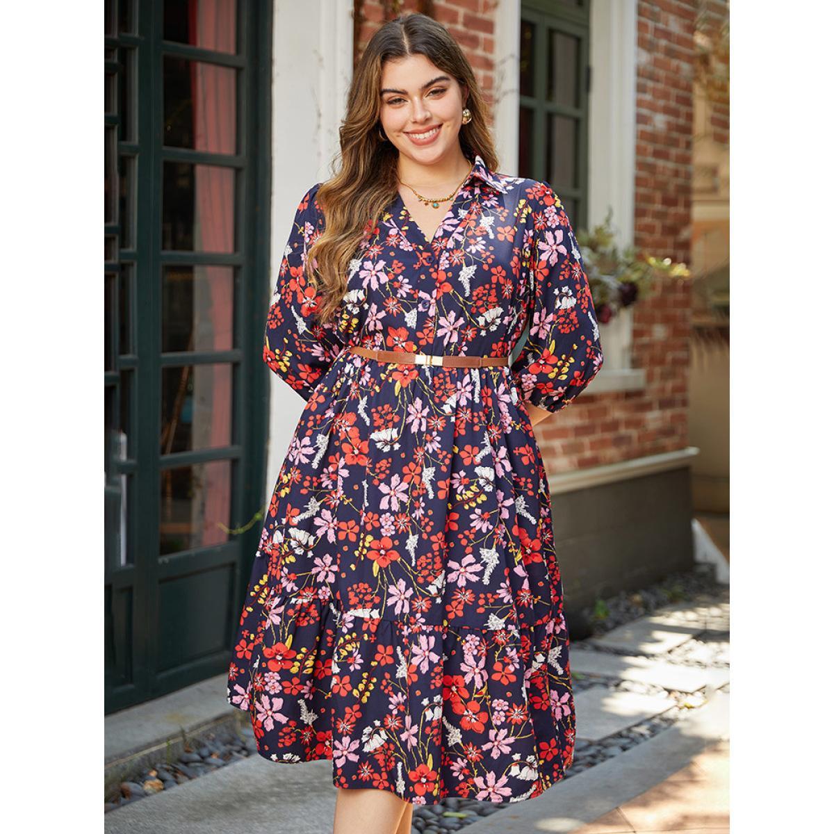 Plus Size Floral Print Shirt Collar Ruffled Hem Dress DarkBlue Women Elegant Elastic cuffs Shirt collar Elbow-length sleeve Curvy Midi Dress BloomChic 14-16/1X Product Image
