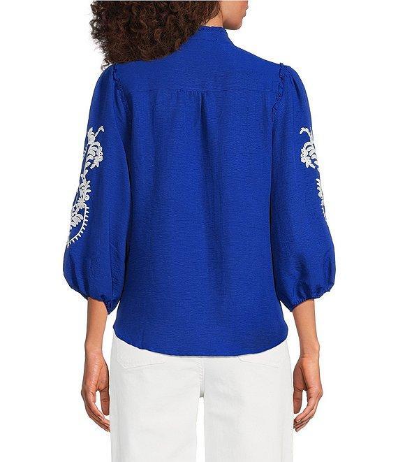 Calessa Petite Size Embroidered Motif Split V-Neck 3/4 Sleeve Button Front Tunic Product Image