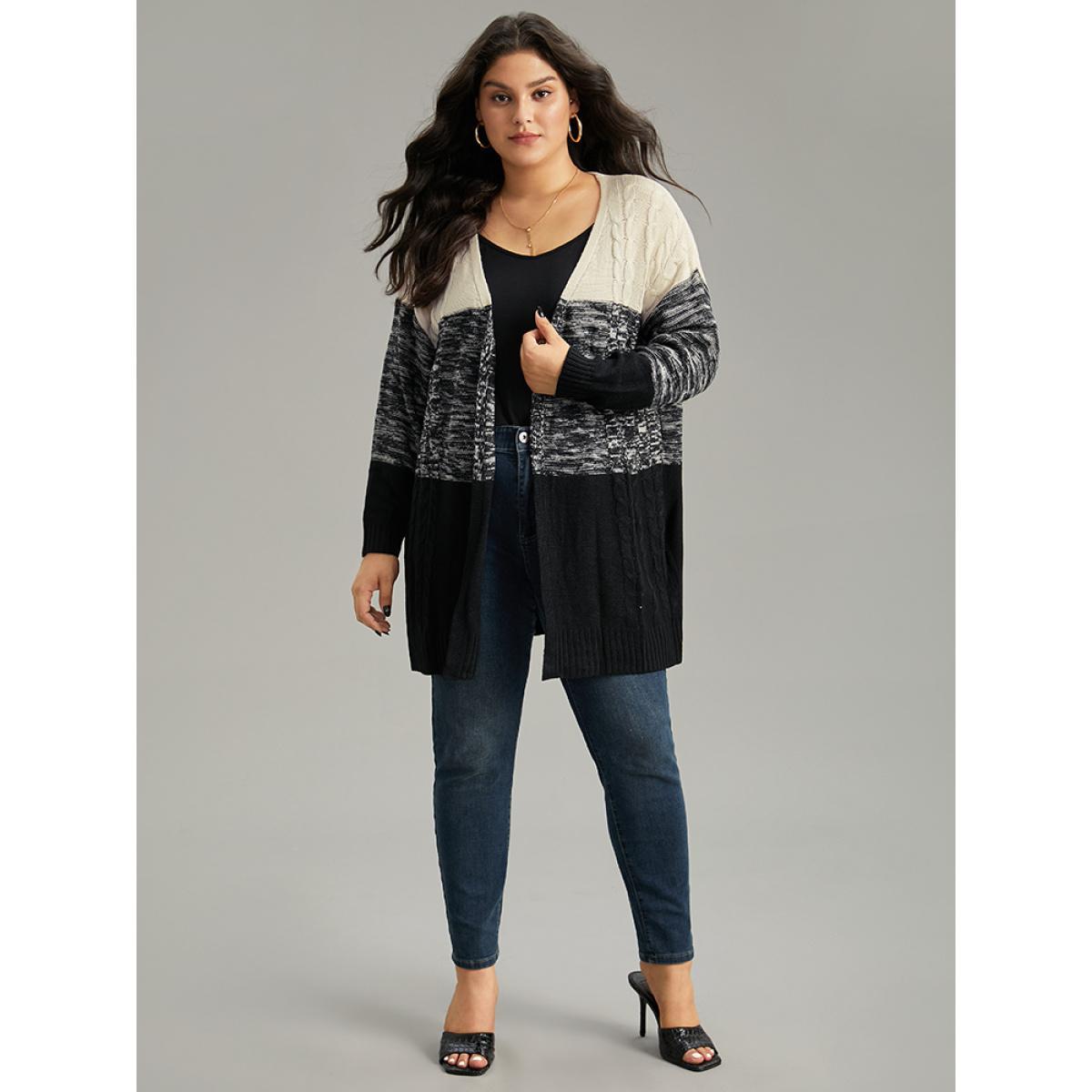 Plus Size Colorblock Contrast Heather Open Front Cardigan Black Women Casual Loose Long Sleeve Dailywear Cardigans BloomChic 22-24/3X Product Image