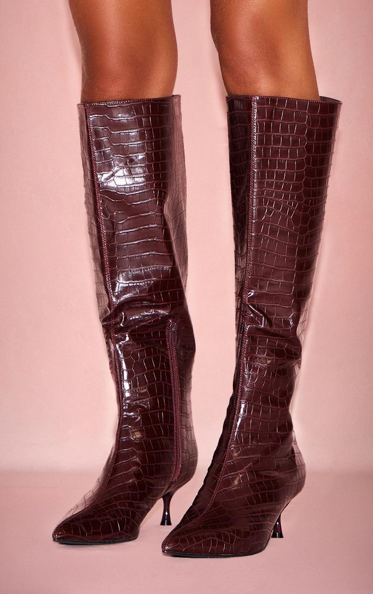 Burgundy Croc PU Point Toe Low Heel Knee High Boots Product Image