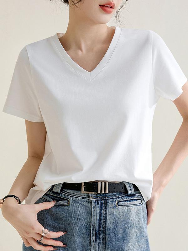 Loose Short Sleeves Solid Color V-Neck T-Shirts Tops Product Image
