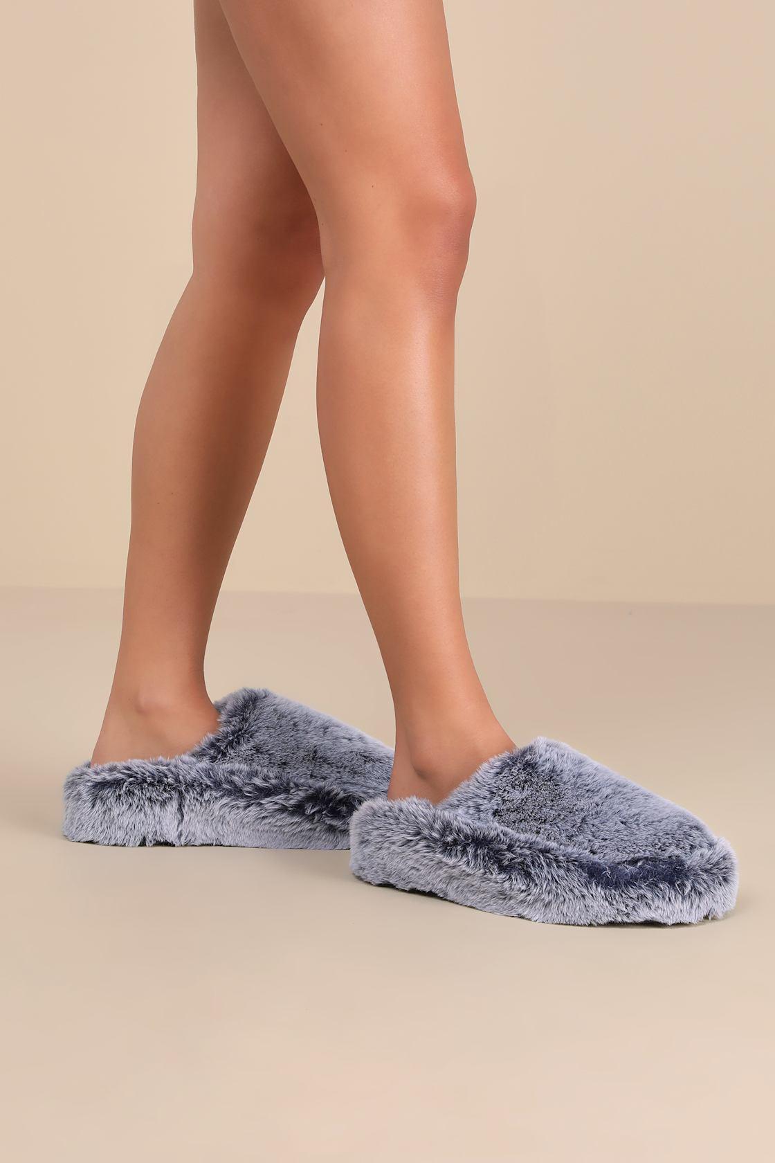 Socozee Navy and White Faux Fur Flatform Slippers Product Image