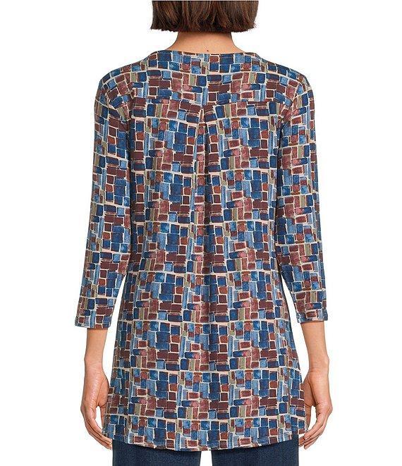 Intro Knit Jersey Painted Geo Textured Print 3/4 Sleeve Hi-Low Top Product Image