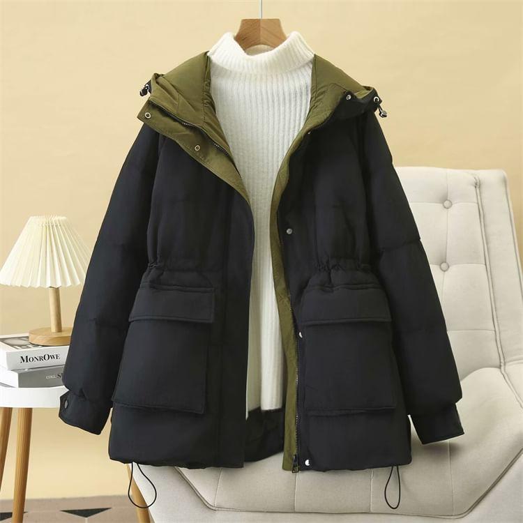 Plus Size Two Tone Hooded Padded Zip Jacket Product Image