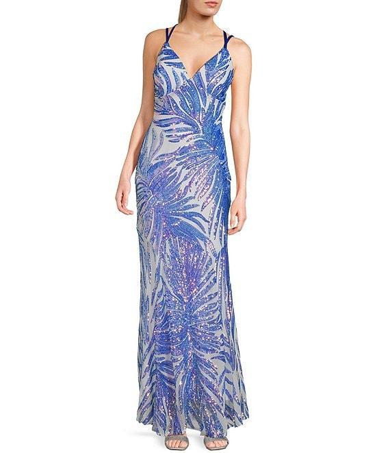 Morgan & Co. Pattern Sequin Cage Back Long Dress Product Image