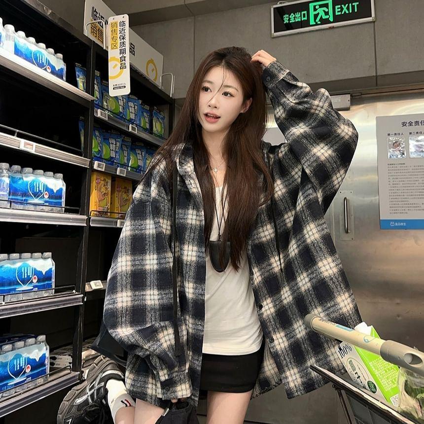 Hooded Button-Up Plaid Shirt Jacket Product Image