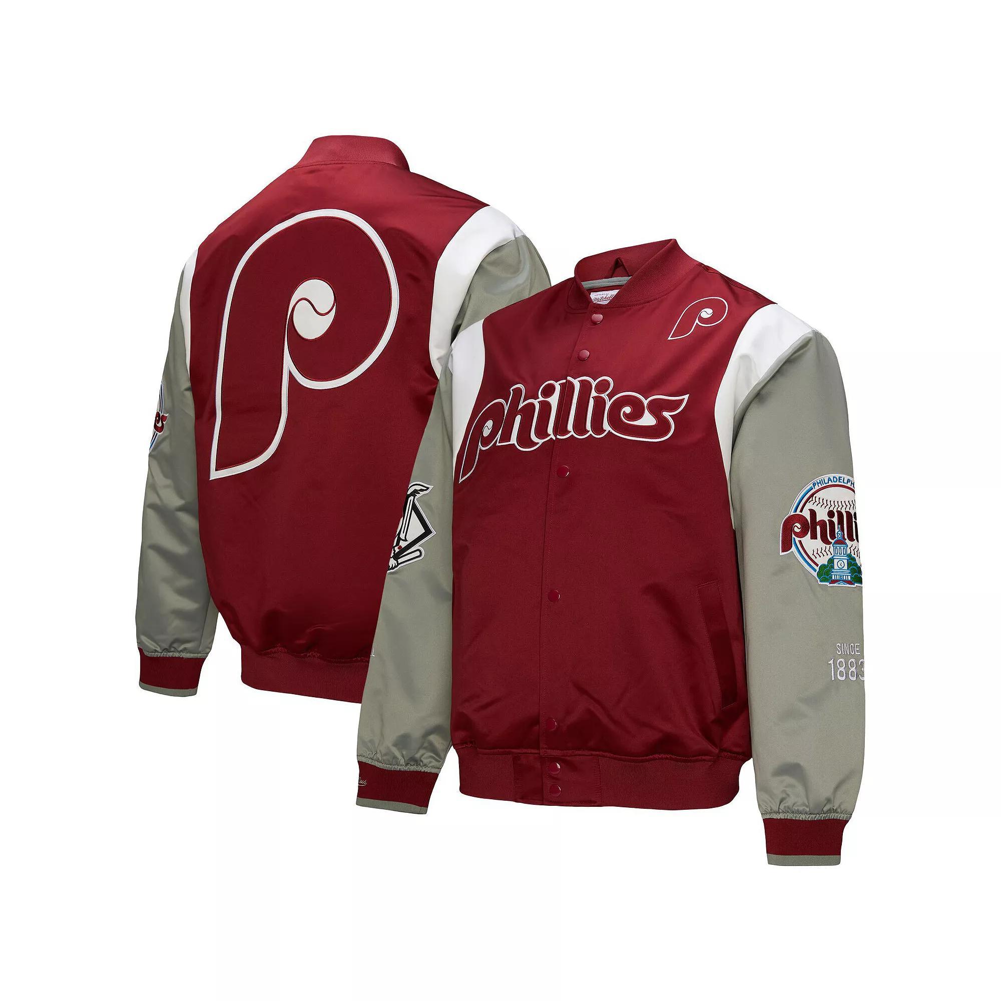 Men's Mitchell & Ness Burgundy/Gray Philadelphia Phillies Cooperstown Collection Team Origins Satin Full-Snap Jacket,  Product Image